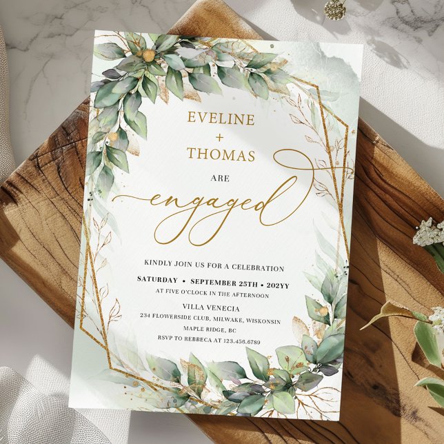 Elegant greenery foliage faux gold frame engaged invitation (Boho Eucalyptus greenery branches faux gold frame engagement invitation digital)