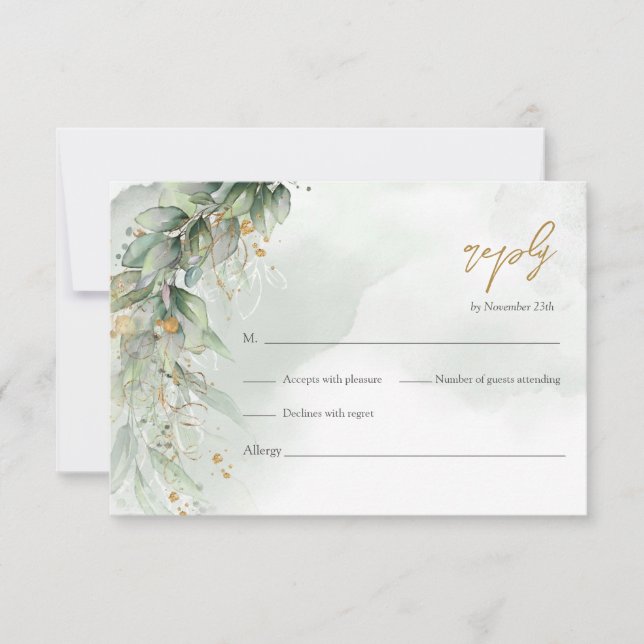 Elegant greenery foliage faux gold geometric RSVP (Front)