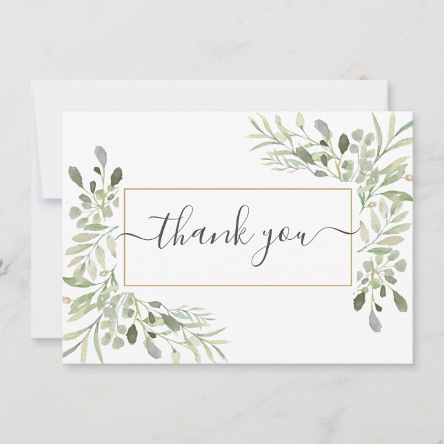 Elegant Greenery Foliage Modern Script Thank You Card (Front)
