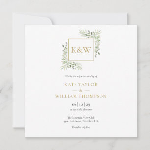 Elegant Greenery Foliage Monogram Square Wedding Invitation