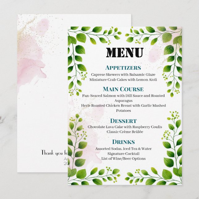 Elegant Greenery Frame Wedding Menu  (Front/Back)