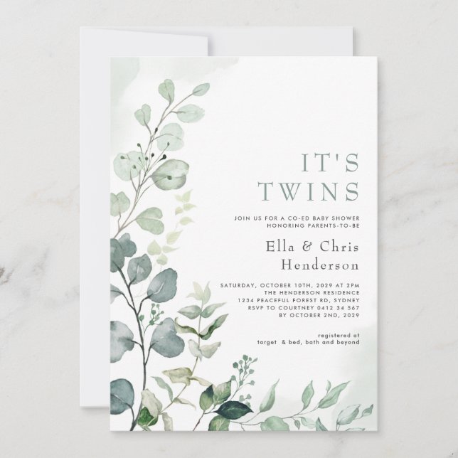 Elegant Greenery Garden Twins Coed Baby Shower Invitation (Front)