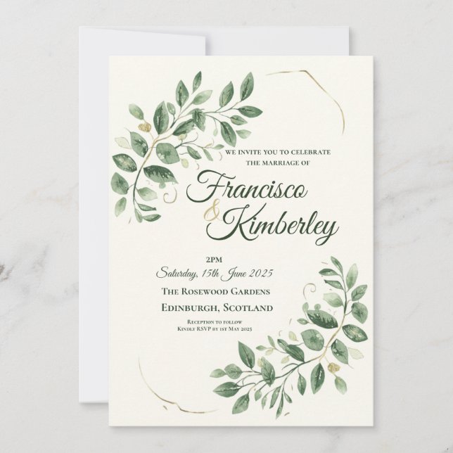 Elegant Greenery Gold Botanical Script Personalize Invitation (Front)