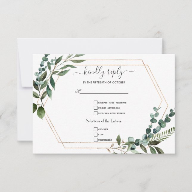 Elegant Greenery Gold Calligraphy Wedding    RSVP Card (Front)