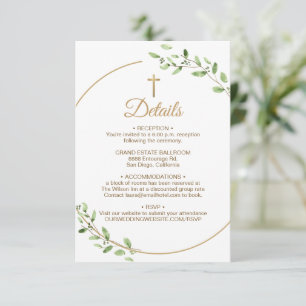 Elegant Greenery Gold Cross Wedding Details Enclosure Card