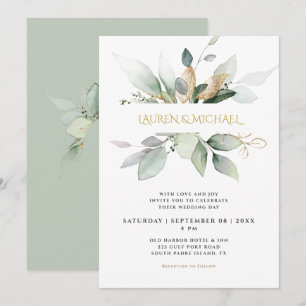 Elegant Greenery & Gold Eucalyptus Wedding  Invitation