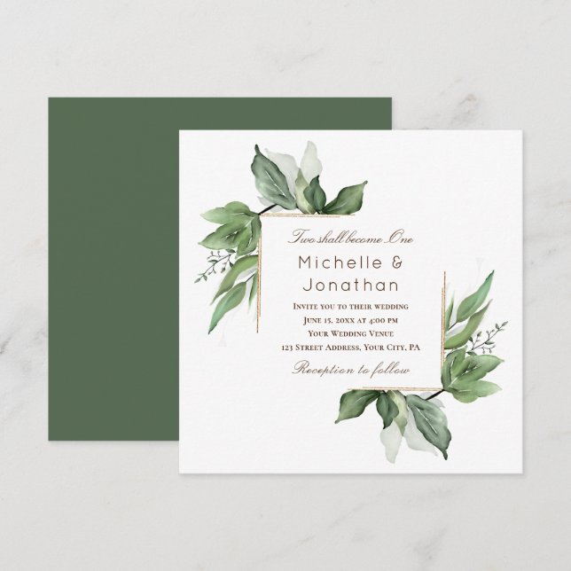 Elegant Greenery Gold Frame Modern Wedding Invitation (Front/Back)
