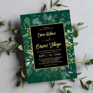 Elegant Greenery & Gold Geometric Frame Eucalyptus Invitation