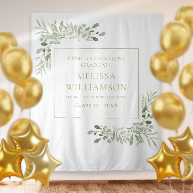 Elegant Greenery Gold Graduation Photo Backdrop Tapestry (Creator Uploaded)