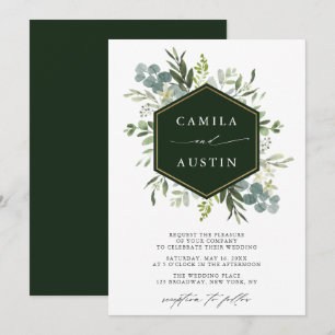 Elegant Greenery Gold Hexagon Wedding  Invitation