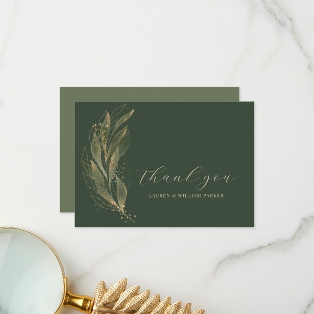 Elegant Greenery Gold Leaf Wedding Thank You Card (Front/Back In Situ)
