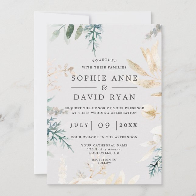 Elegant Greenery Gold Leafy All In One Wedding Invitation (Front)
