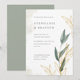 Elegant Greenery & Gold Leaves Watercolour Wedding Invitation