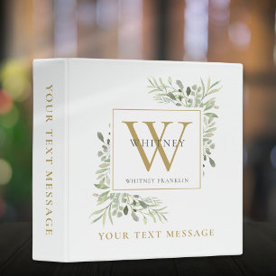 Elegant Greenery Gold Monogram Office School Binder