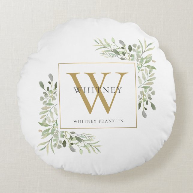 Elegant Greenery Gold Monogram Round Pillow (Front)