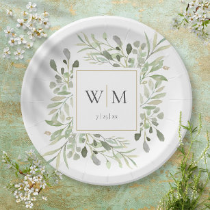 Elegant Greenery Gold Monogram Wedding Paper Plate