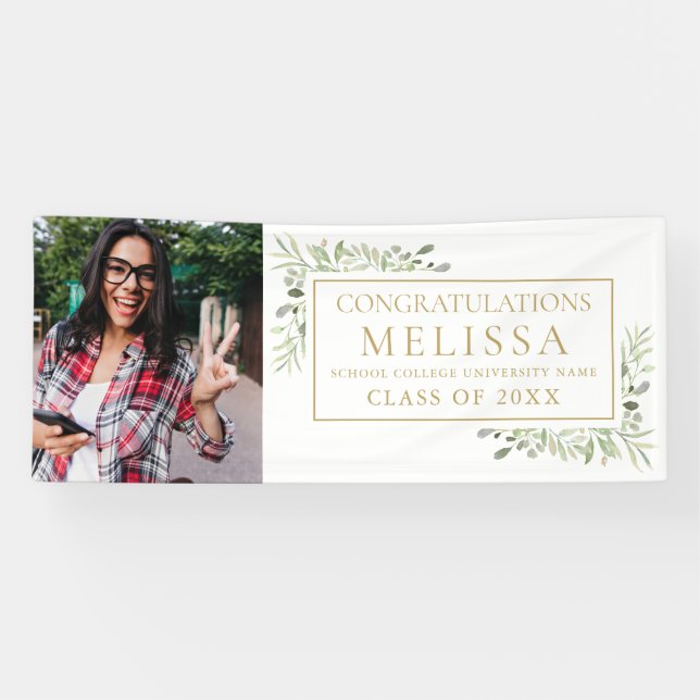 Elegant Greenery Gold Photo Graduation Banner (Horizontal)