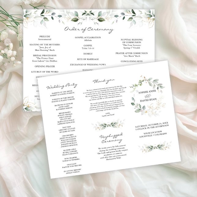 Elegant Greenery Gold Tri+Fold Wedding Program (Creator Uploaded)