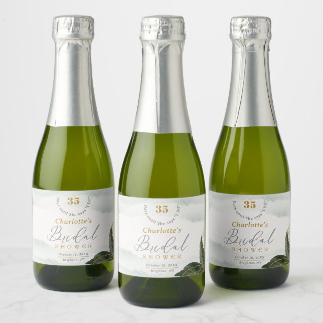 Elegant Greenery Gold Watercolor Bridal Shower Sparkling Wine Label (Bottles)