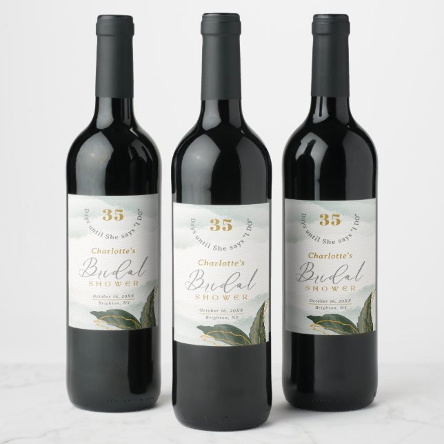 Elegant Greenery Gold Watercolor Bridal Shower Wine Label (Bottles)
