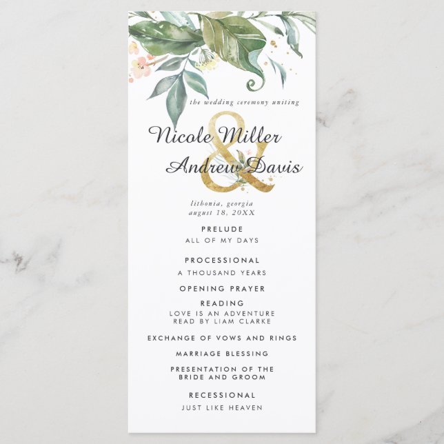 Elegant Greenery Gold Wedding Ceremony Program (Front)