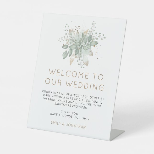 Elegant Greenery Gold Wedding Welcome COVID Safety Pedestal Sign (Front)
