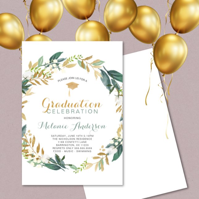 Elegant Greenery Gold Wreath Graduation Party Invitation (Creator Uploaded)