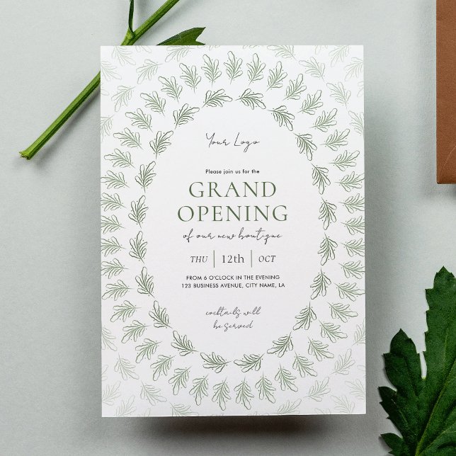 Elegant Greenery Grand Opening Business Logo Invitation (Elegant greenery business grand opening invitation design with fully editable text)