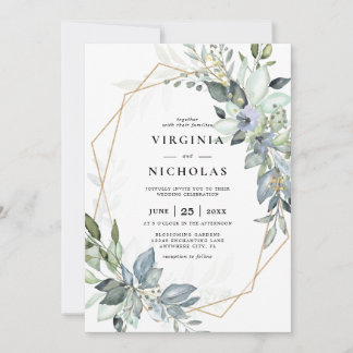Elegant Greenery Green & Gold Geometric Wedding Invitation