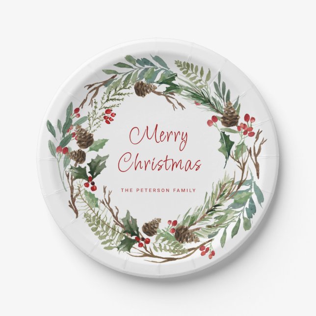 Elegant Greenery Holly Berry Wreath | Script Paper Plate (Front)