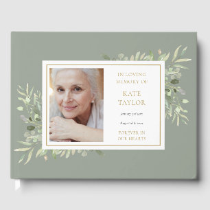 Elegant Greenery In Loving Memory Photo Funeral Guest Book