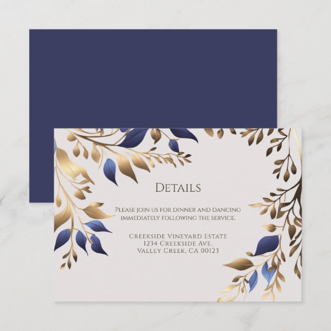 Elegant Greenery Leaf Blue Gold Wedding Enclosure Card (Front/Back)