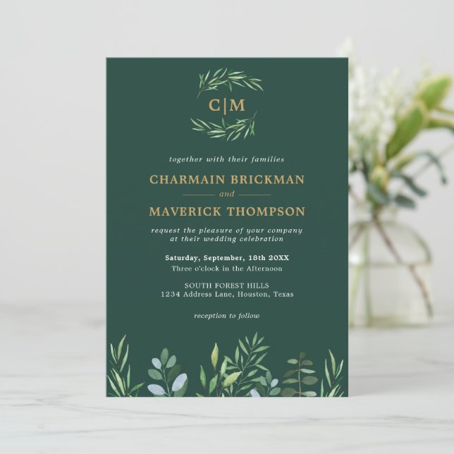 Elegant Greenery Leaf Monogram Wedding  Invitation (Standing Front)