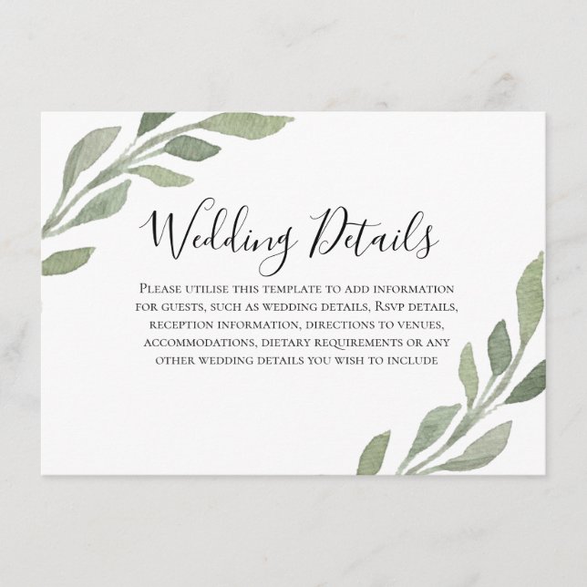 Elegant Greenery Leaf Wedding Reception Details Enclosure Card (Front)