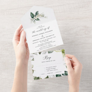 Elegant Greenery Leafy Watercolor Wedding  All In  One Invitation