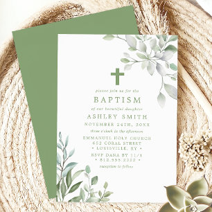 Elegant Greenery Leaves and Cross Baptism Invitation
