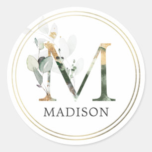 ELEGANT Greenery Leaves Gold Monogram Letter M Classic Round Sticker