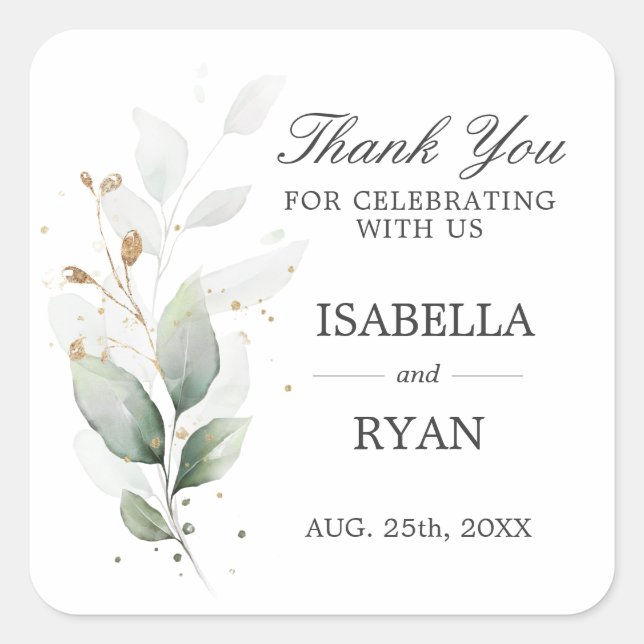Elegant Greenery Leaves Gold Thank You Square Sticker (Front)