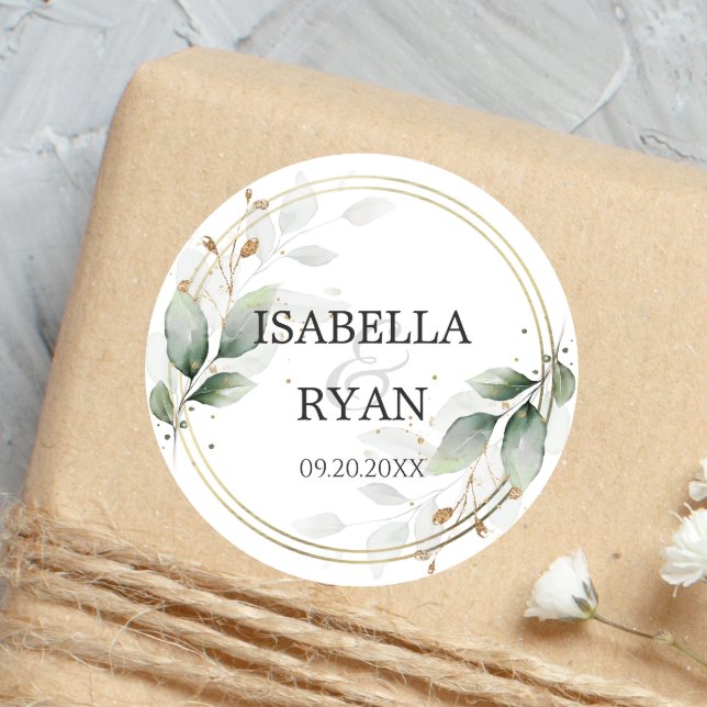 ELEGANT Greenery Leaves Gold Wedding Invitation Classic Round Sticker (Creator Uploaded)