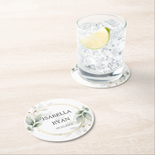 ELEGANT Greenery Leaves Gold Wedding Round Paper Coaster