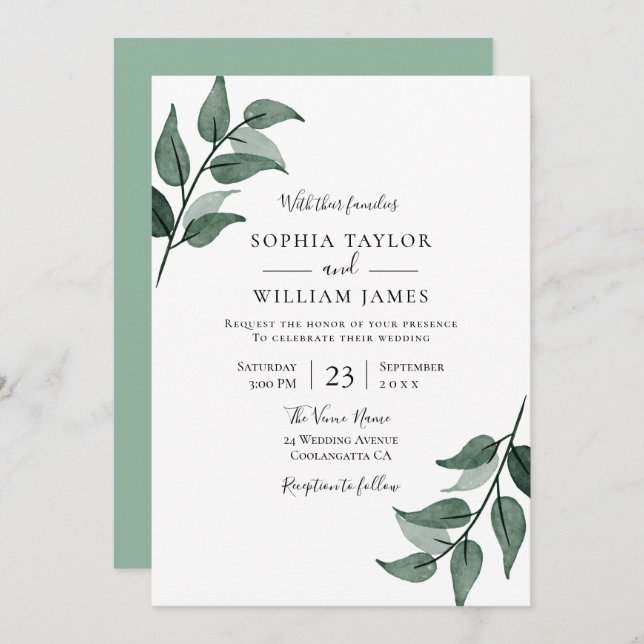 Elegant Greenery Leaves Spring Wedding Invitation (Front/Back)