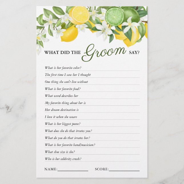 Elegant Greenery Lemon Bridal Shower Game (Front)