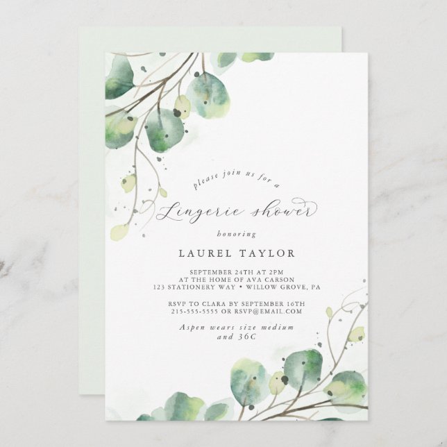 Elegant Greenery Lingerie Shower Invitation (Front/Back)