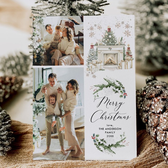 Elegant Greenery Mantel Merry Christmas 2 Photo  Holiday Card (Creator Uploaded)