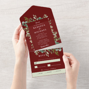 Elegant Greenery Maroon Red Wedding All In One Invitation