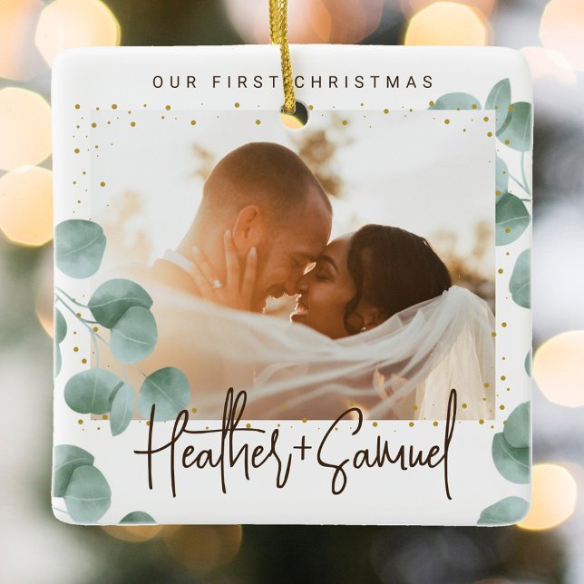 Elegant Greenery Merry and Married Photo Ceramic Ornament (Creator Uploaded)
