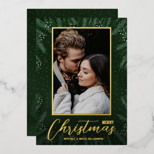 Elegant Greenery Merry Christmas Photo Foil Holiday Card