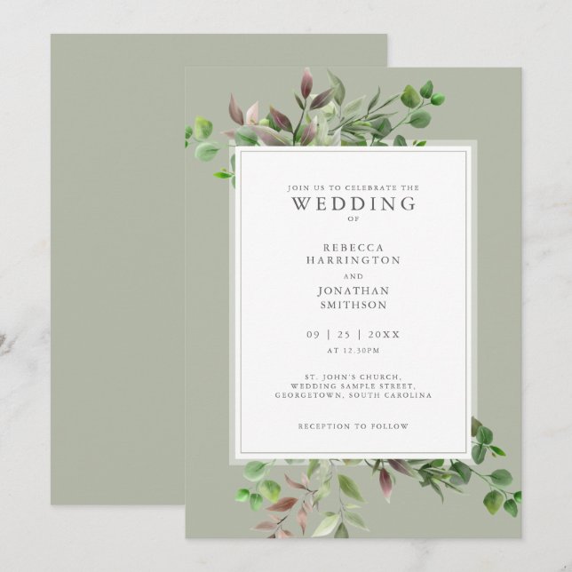 Elegant Greenery Minimal Wedding Invitation (Front/Back)