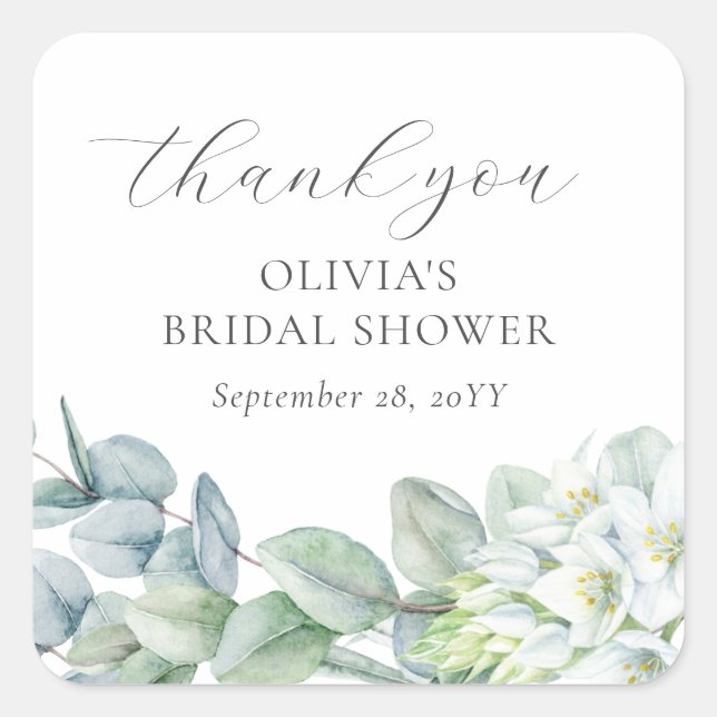 Elegant Greenery Modern Script Thank You Favour Square Sticker (Front)