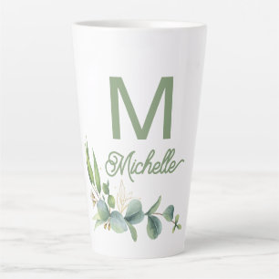 Elegant Greenery Monogram Custom Name and Initial Latte Mug